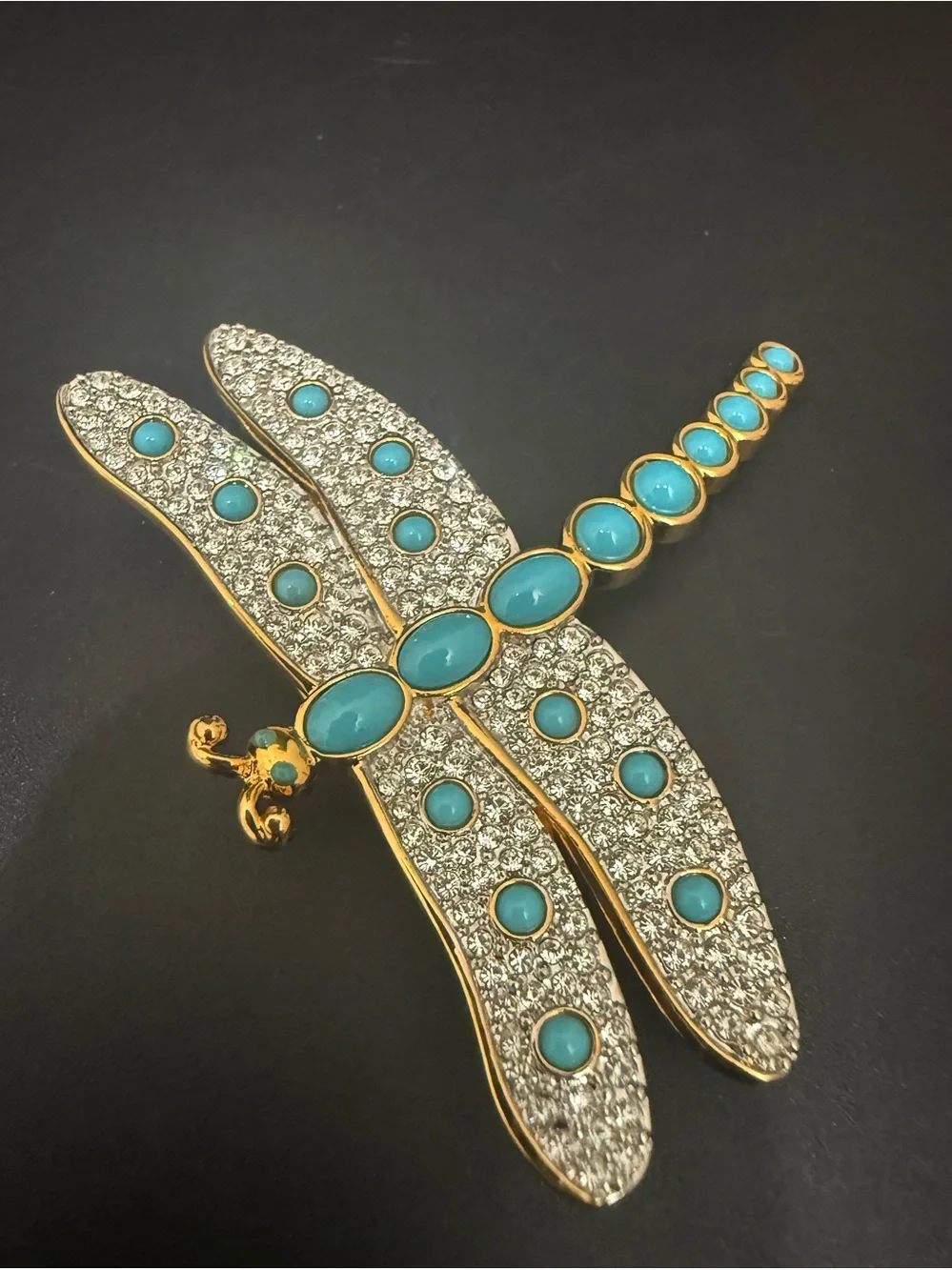 Rare Retired SWAROVSKI Swan Signed Pave Crystal Faux Turquoise Dragonfly Brooch